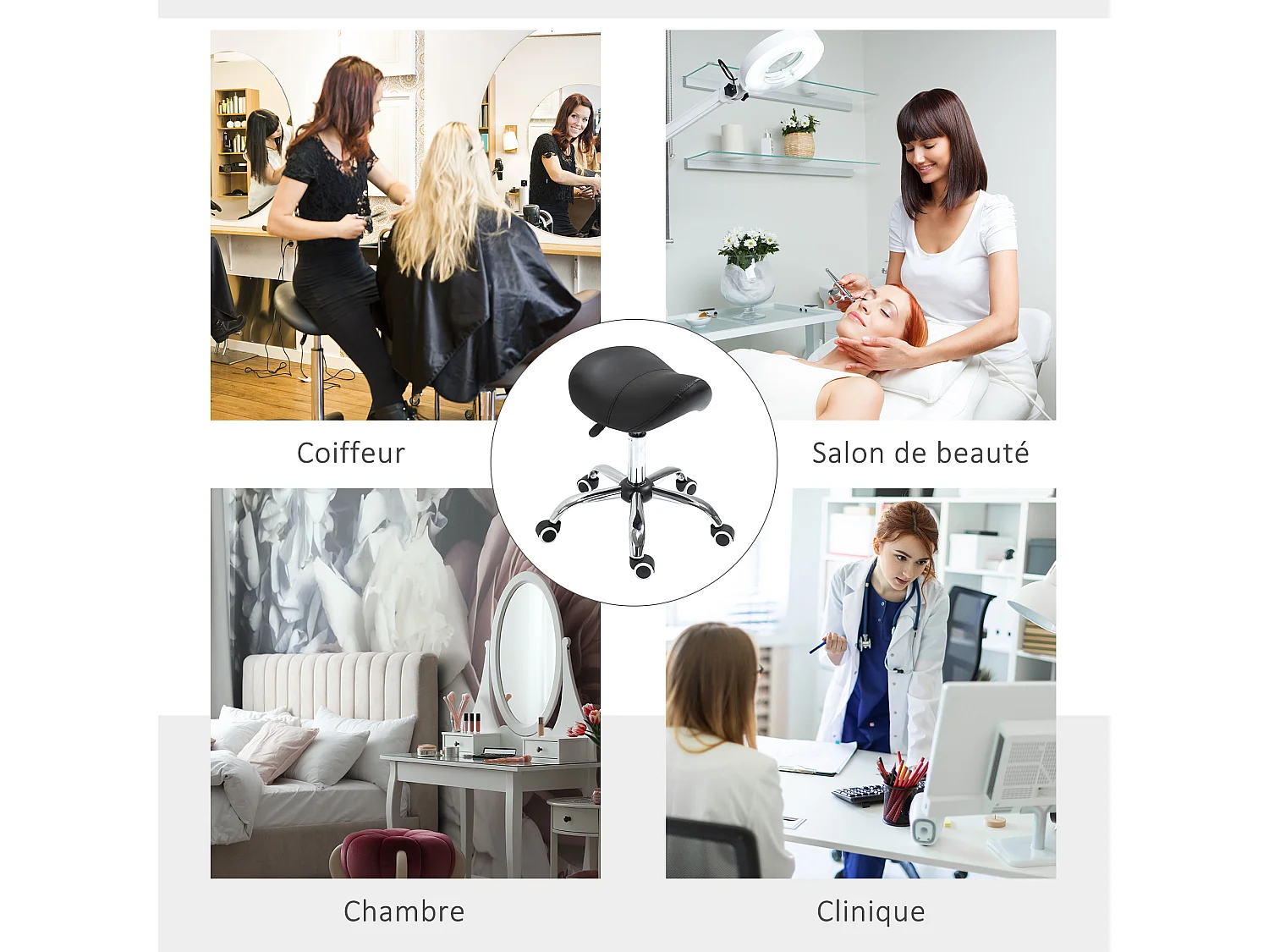 Tabouret de massage tabouret selle ergonomique pivotant 360° hauteur réglable revêtement synthétique noir chromé