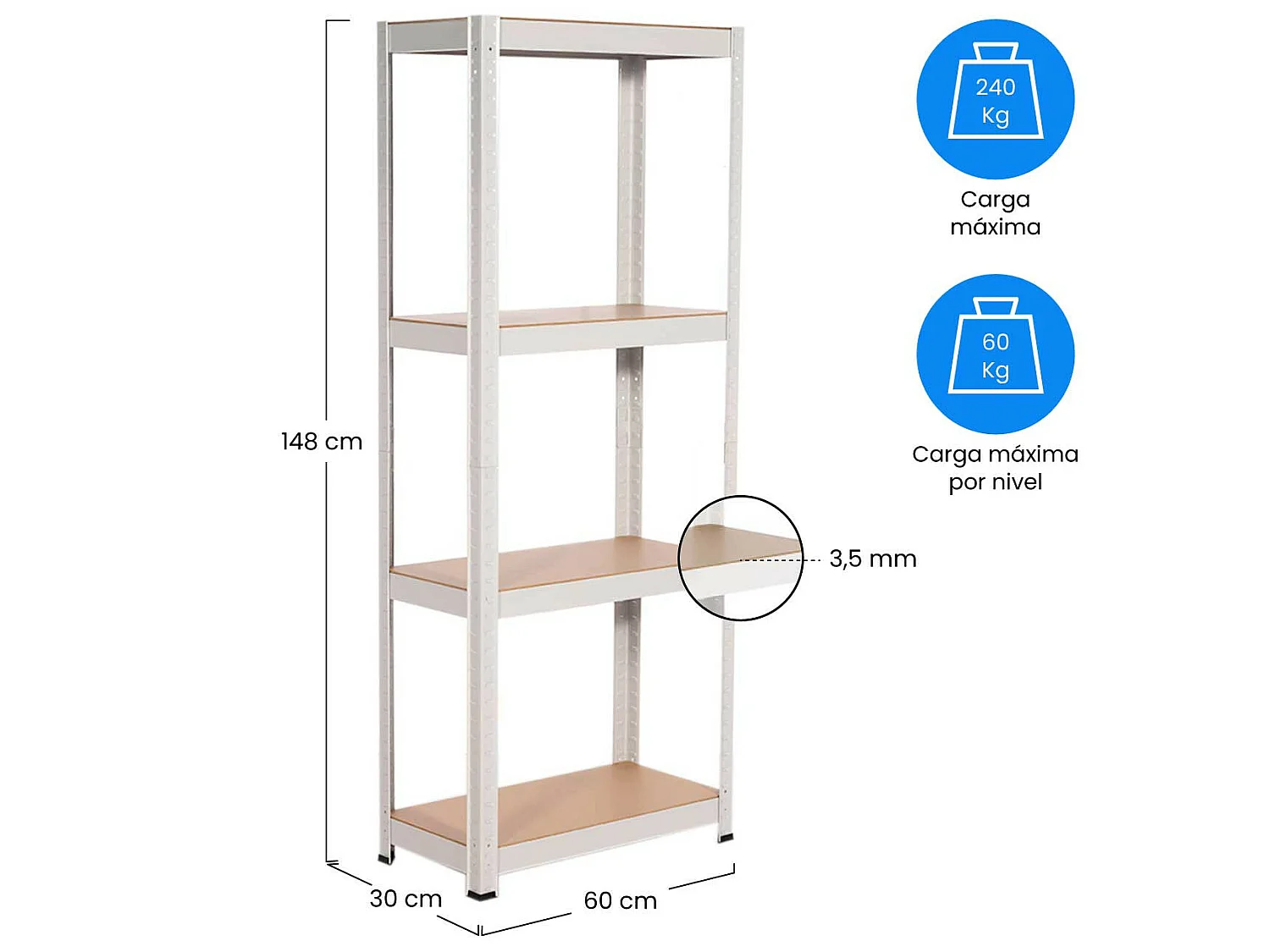 Rayonnage en métal blanc avec 4 étagères réglables 148x60x30cm 240Kg 7house