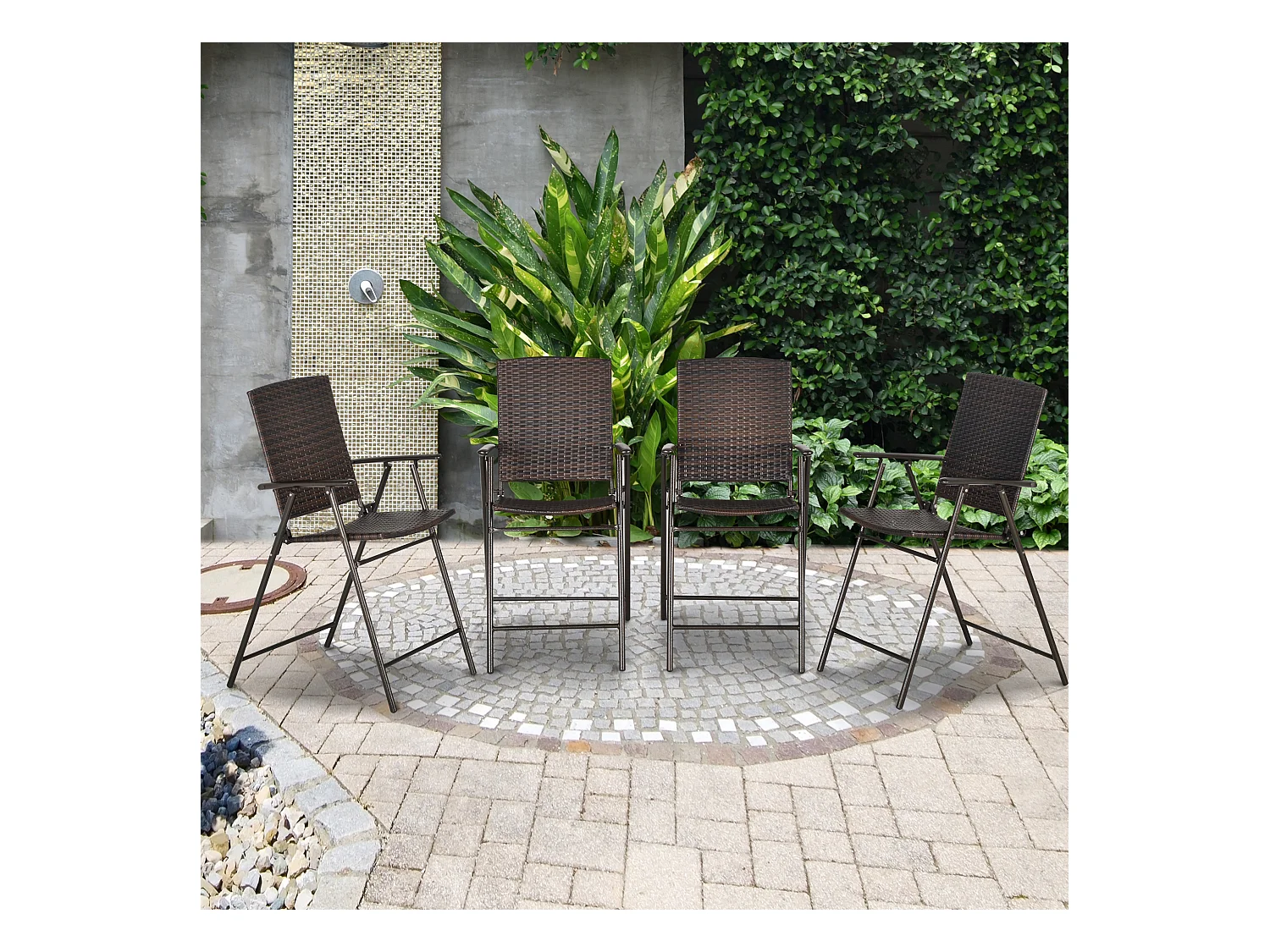 Tabourets de bar pliable style colonial - lot de 4 tabourets de bar - repose-pied + accoudoirs - métal époxy résine tressée chocolat