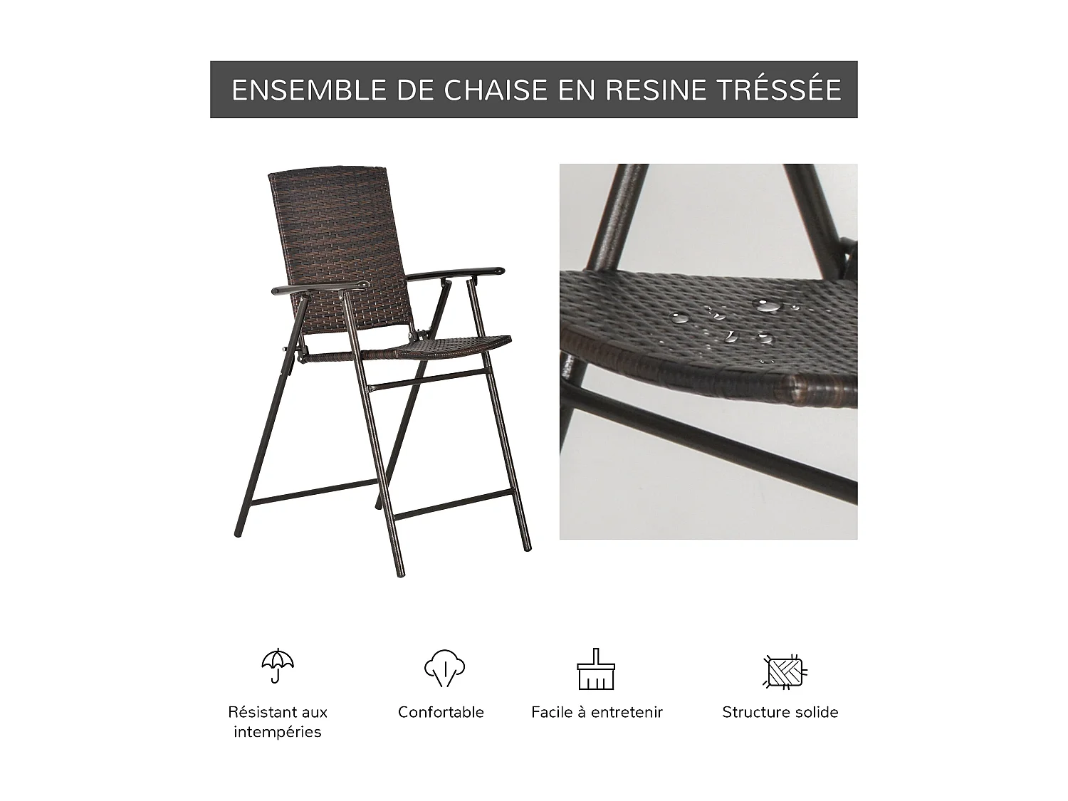 Tabourets de bar pliable style colonial - lot de 4 tabourets de bar - repose-pied + accoudoirs - métal époxy résine tressée chocolat