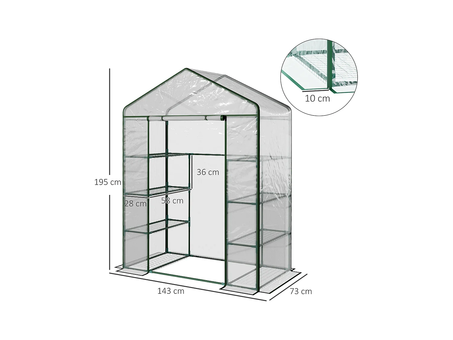 Serre de jardin balcon terrasse 8 étagères dim. 143L x 73l x 195H cm acier PVC imperméable anti-UV transparent vert