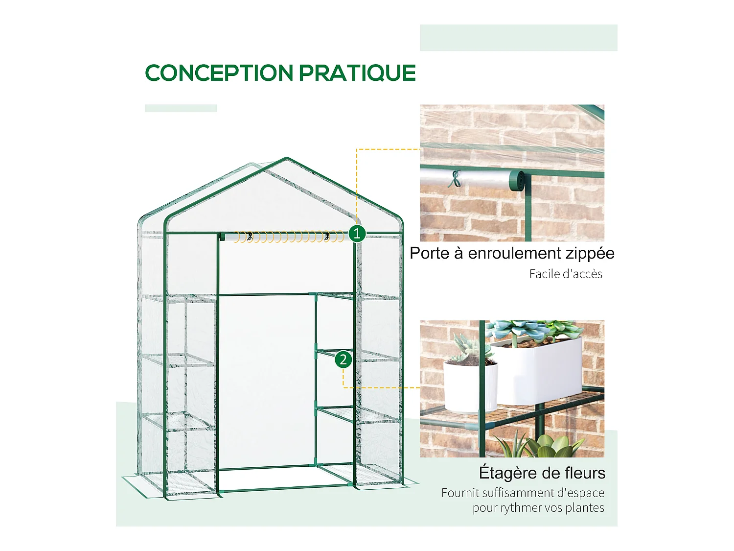 Serre de jardin balcon terrasse 8 étagères dim. 143L x 73l x 195H cm acier PVC imperméable anti-UV transparent vert
