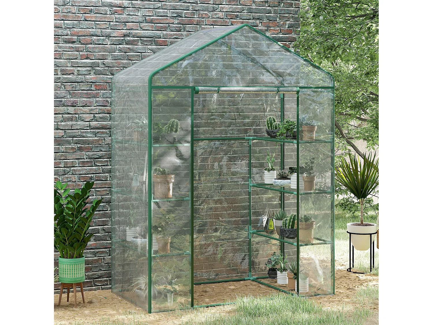 Serre de jardin balcon terrasse 8 étagères dim. 143L x 73l x 195H cm acier PVC imperméable anti-UV transparent vert