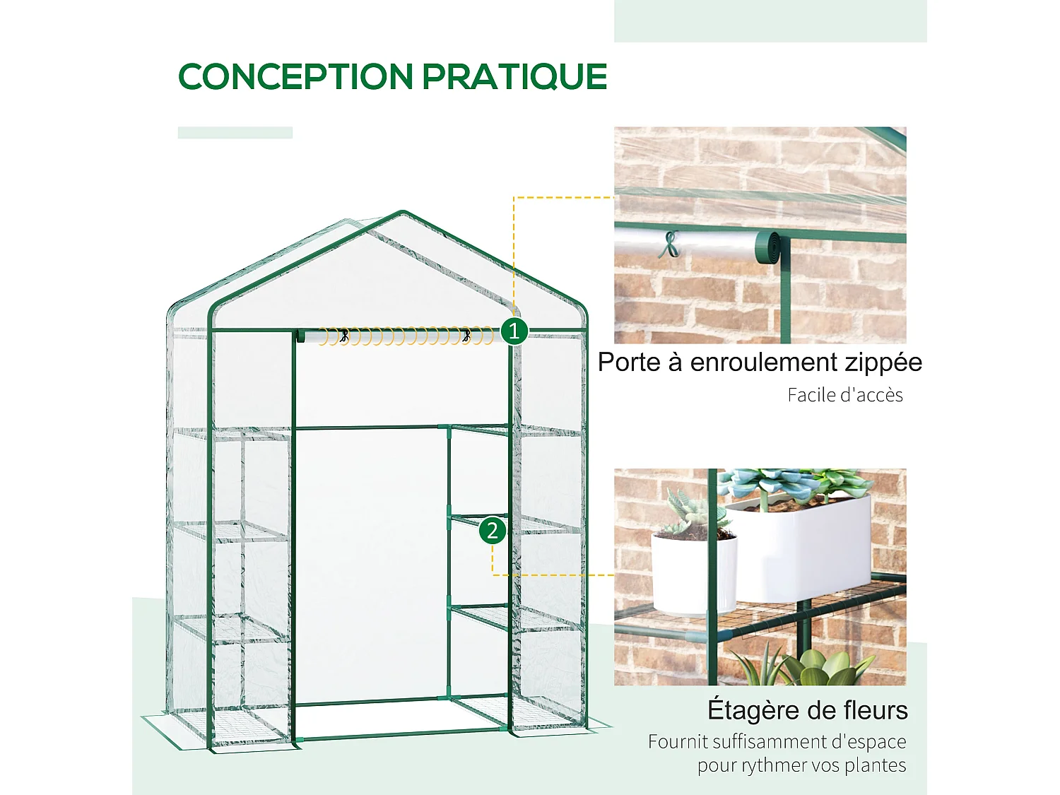 Serre de jardin balcon terrasse 8 étagères dim. 143L x 73l x 195H cm acier PVC imperméable anti-UV transparent vert