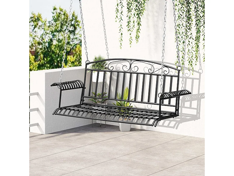 Banc suspendu 2 places balancelle de jardin en métal dim. 137L x 58l x 52H cm noir