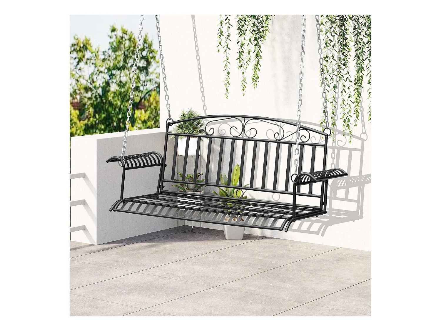 Banc suspendu 2 places balancelle de jardin en métal dim. 137L x 58l x 52H cm noir