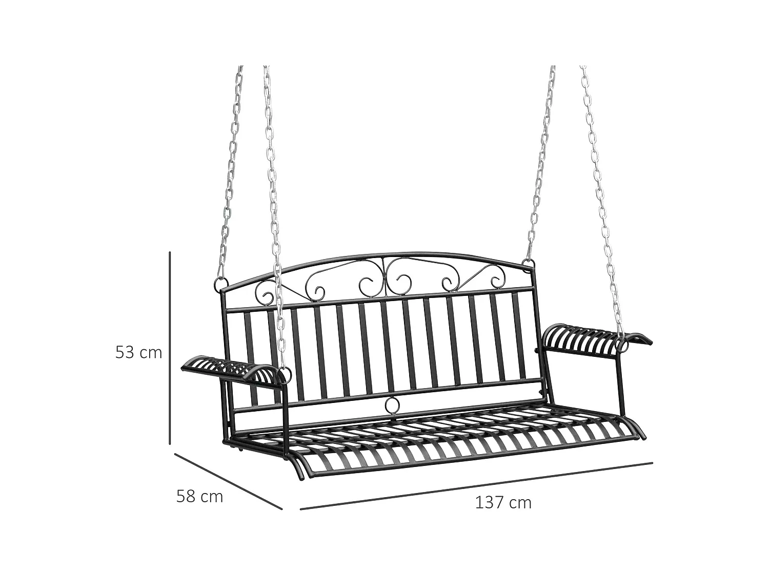Banc suspendu 2 places balancelle de jardin en métal dim. 137L x 58l x 52H cm noir