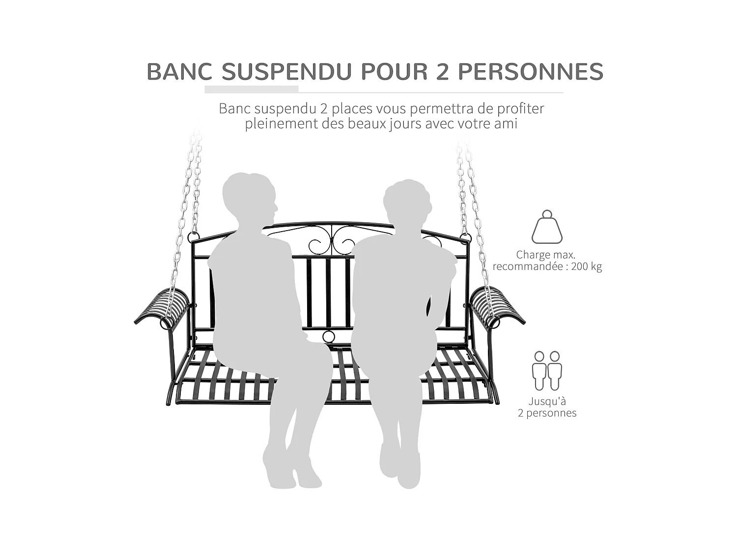 Banc suspendu 2 places balancelle de jardin en métal dim. 137L x 58l x 52H cm noir