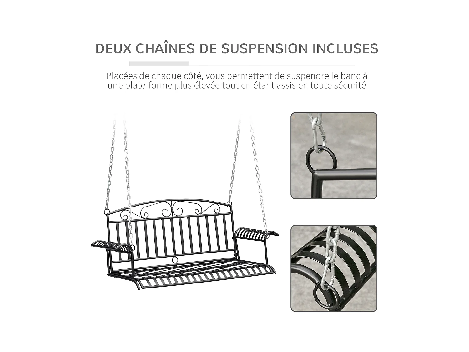 Banc suspendu 2 places balancelle de jardin en métal dim. 137L x 58l x 52H cm noir