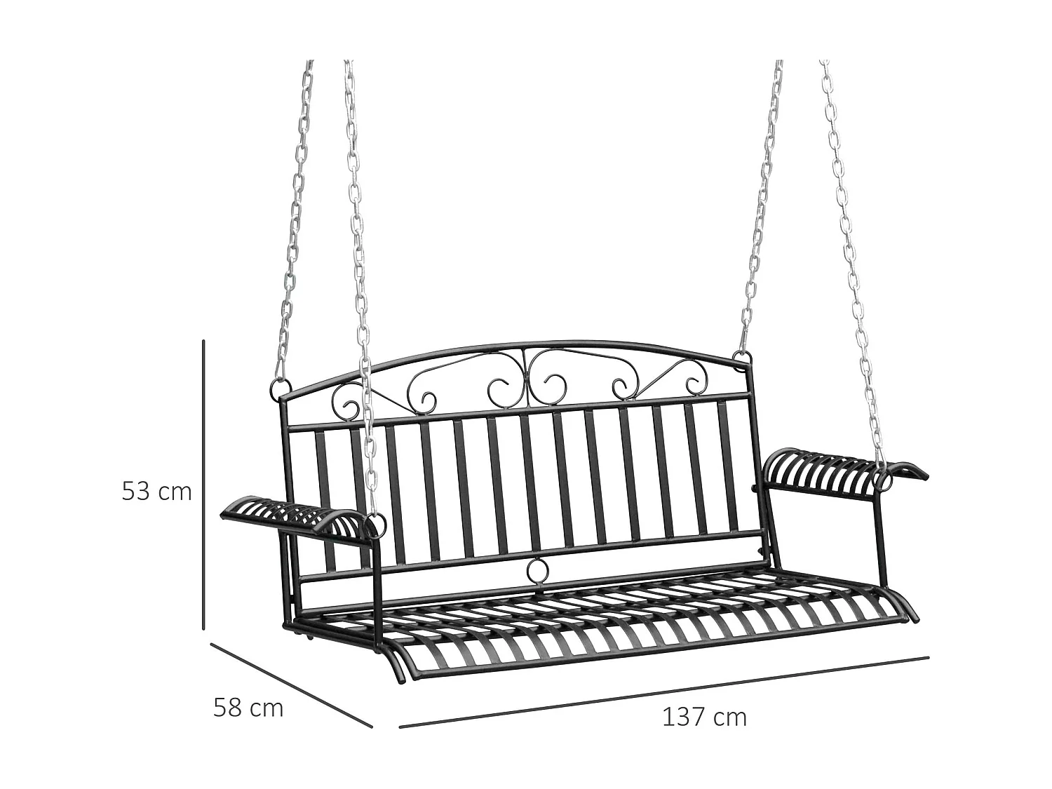 Banc suspendu 2 places balancelle de jardin en métal dim. 137L x 58l x 52H cm noir