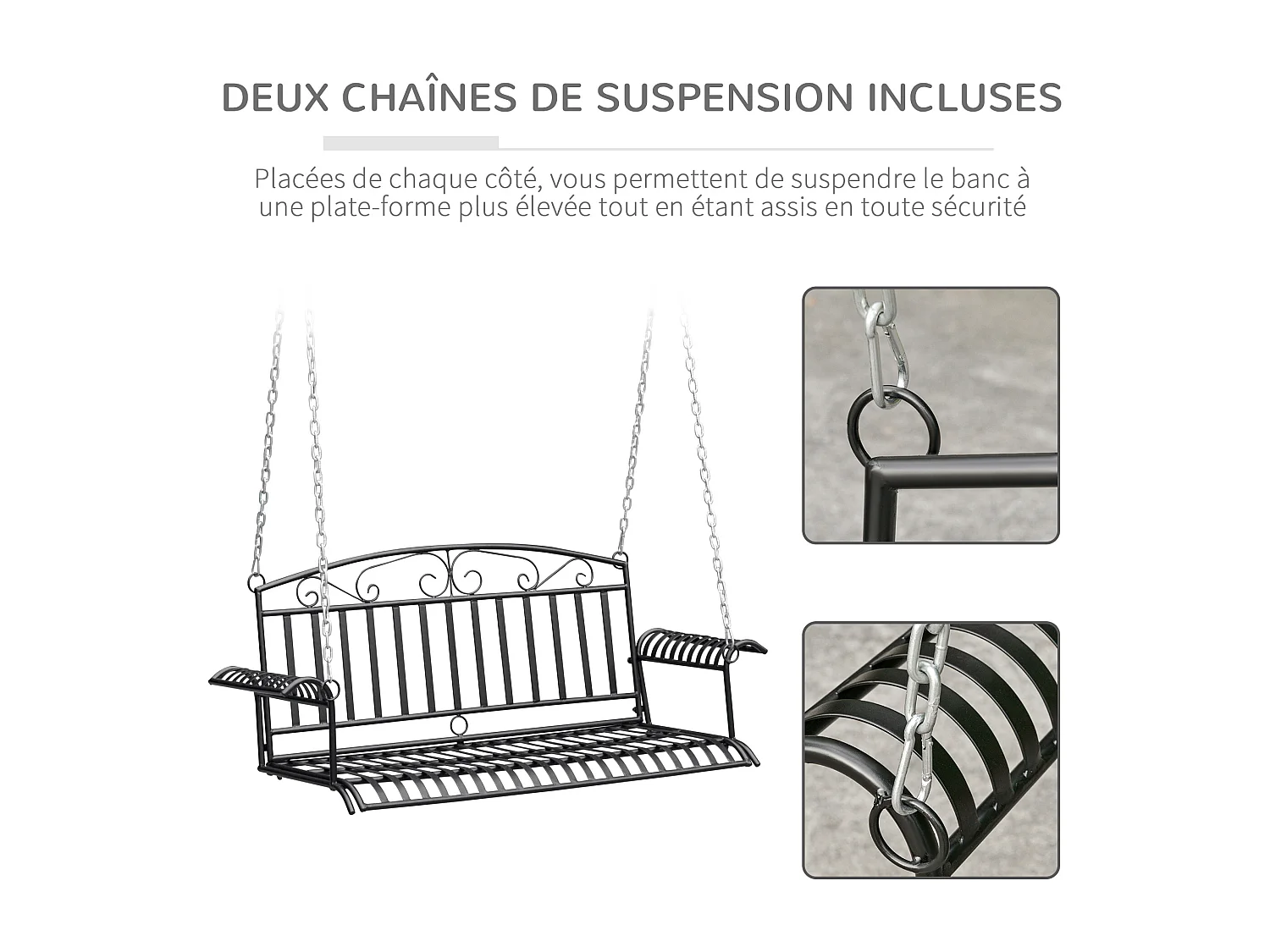 Banc suspendu 2 places balancelle de jardin en métal dim. 137L x 58l x 52H cm noir