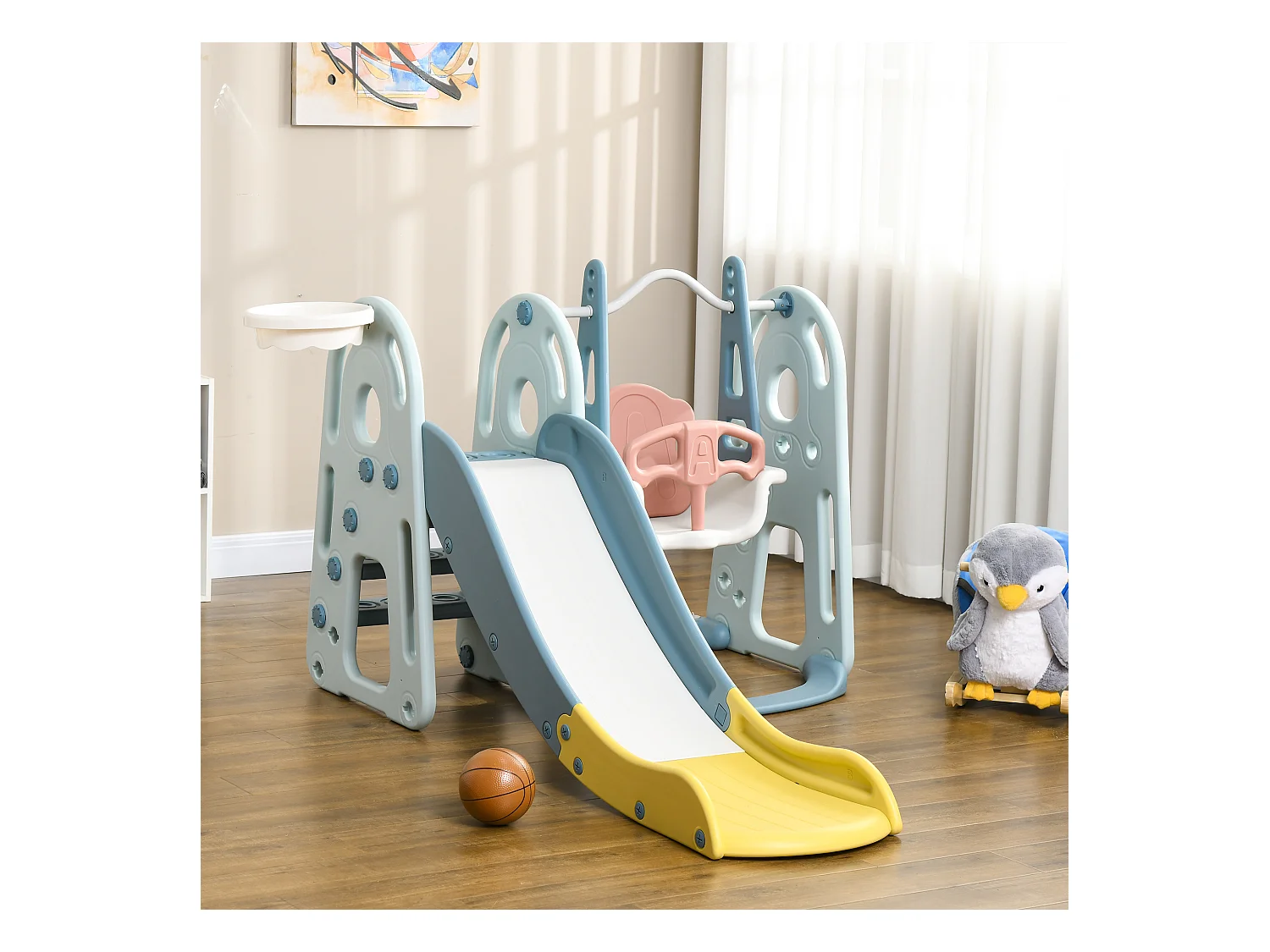 Portique enfant toboggan et balançoire avec panier de basket-ball aire de jeux 3 en 1 usage intérieur et extérieur dim. 200 x 150 x 100 cm