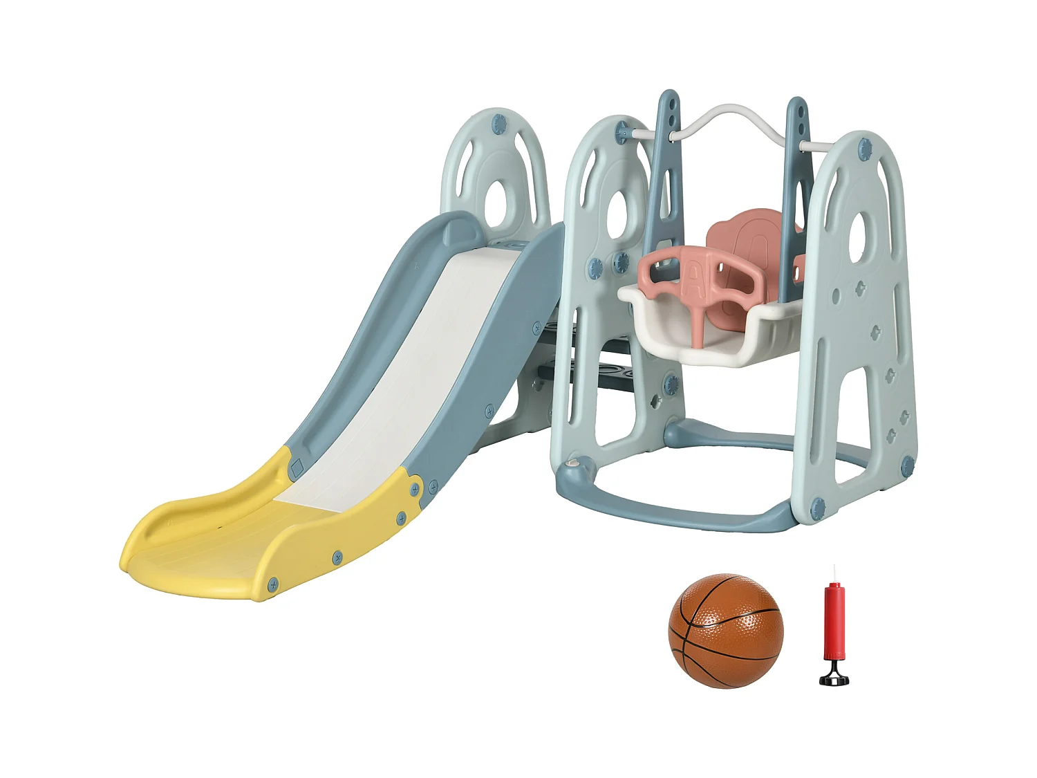 Portique enfant toboggan et balançoire avec panier de basket-ball aire de jeux 3 en 1 usage intérieur et extérieur dim. 200 x 150 x 100 cm