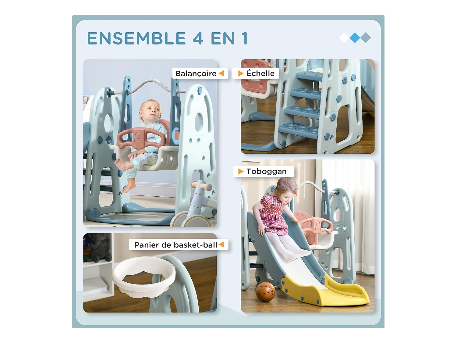 Portique enfant toboggan et balançoire avec panier de basket-ball aire de jeux 3 en 1 usage intérieur et extérieur dim. 200 x 150 x 100 cm