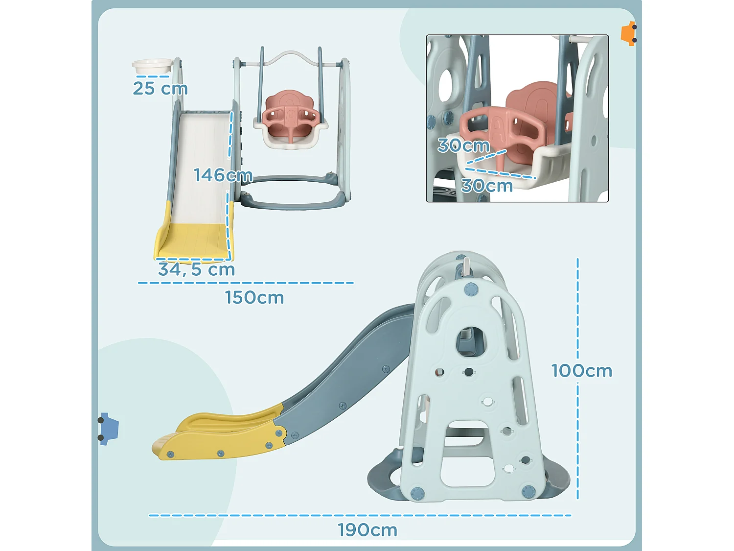 Portique enfant toboggan et balançoire avec panier de basket-ball aire de jeux 3 en 1 usage intérieur et extérieur dim. 200 x 150 x 100 cm
