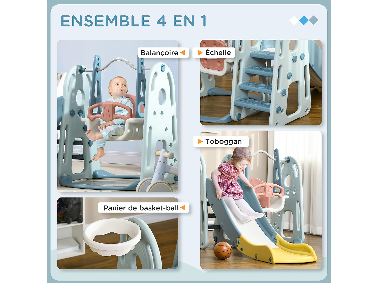 Portique enfant toboggan et balançoire avec panier de basket-ball aire de jeux 3 en 1 usage intérieur et extérieur dim. 200 x 150 x 100 cm