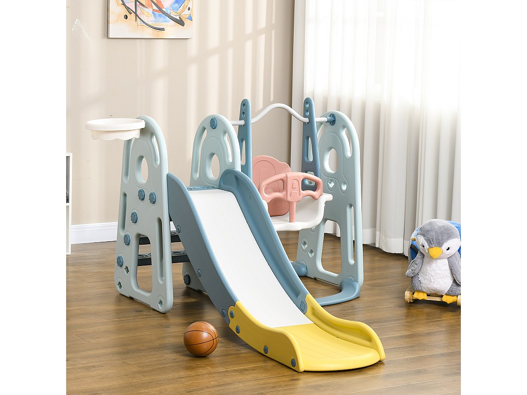 Portique enfant toboggan et balançoire avec panier de basket-ball aire de jeux 3 en 1 usage intérieur et extérieur dim. 200 x 150 x 100 cm
