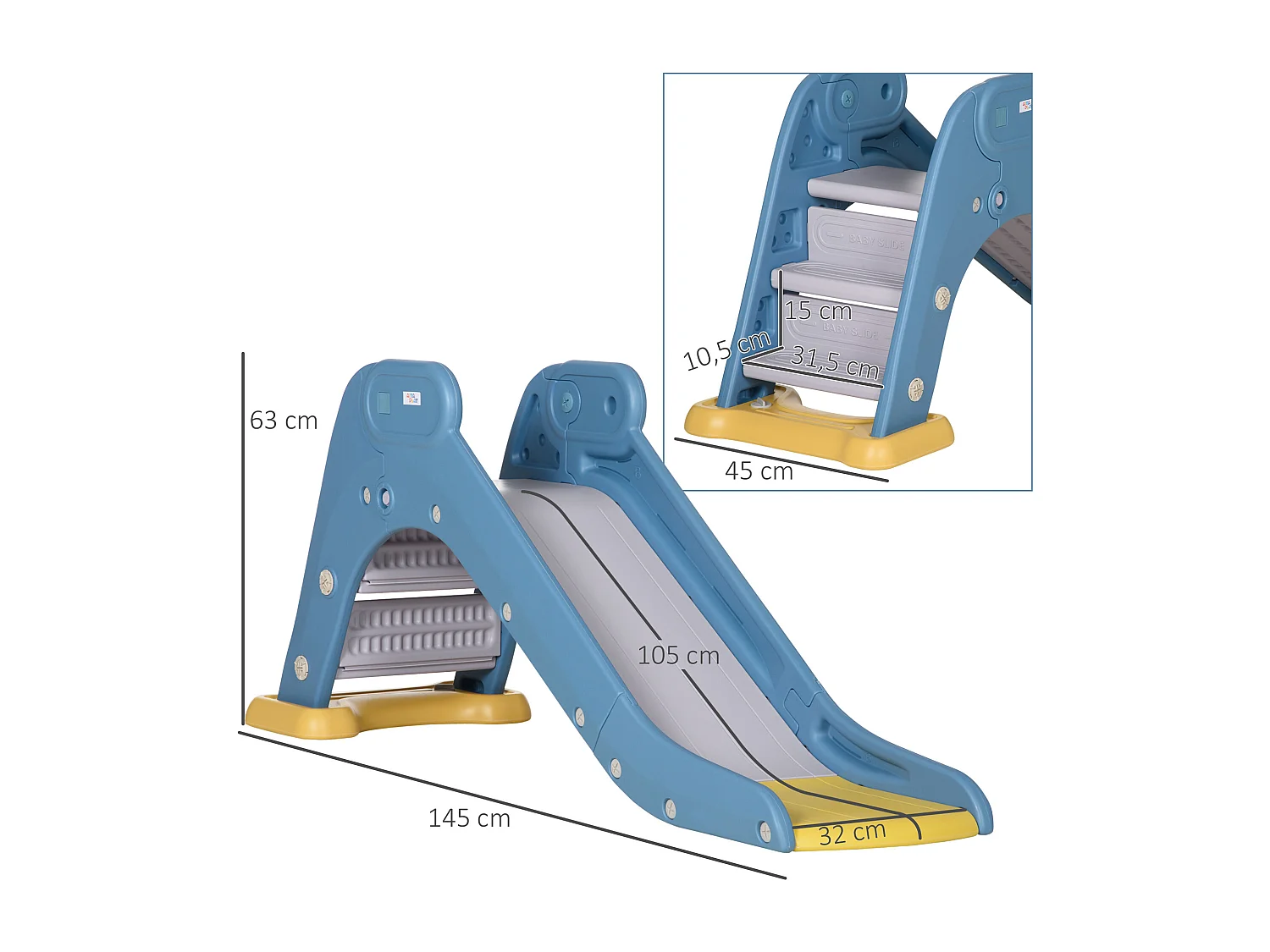 Toboggan pour enfants intérieur extérieur avec marches antidérapantes - HDPE - dim.145L x 45l x 63H cm