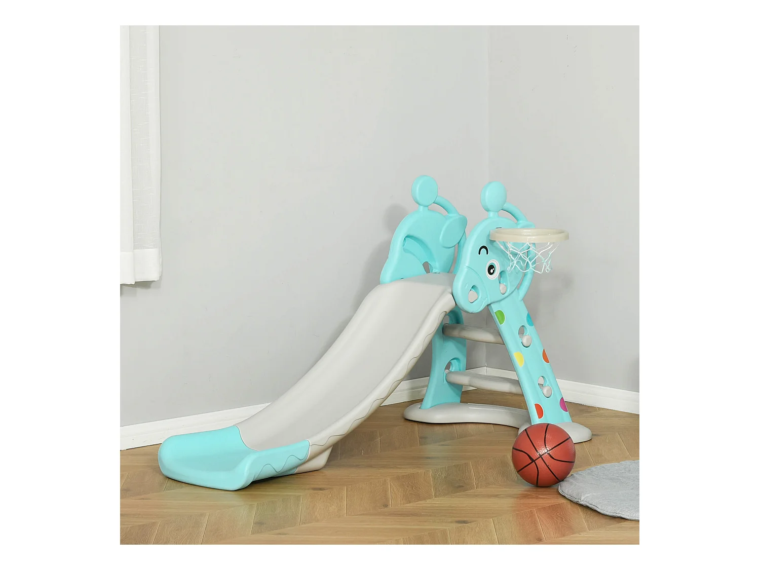 Toboggan enfant avec panier de basket-ball usage intérieur et extérieur dim. 140 x 87 x 75 cm bleu et gris