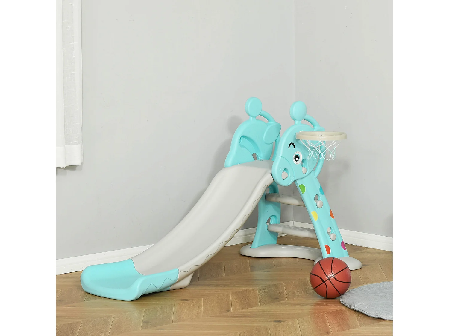 Toboggan enfant avec panier de basket-ball usage intérieur et extérieur dim. 140 x 87 x 75 cm bleu et gris