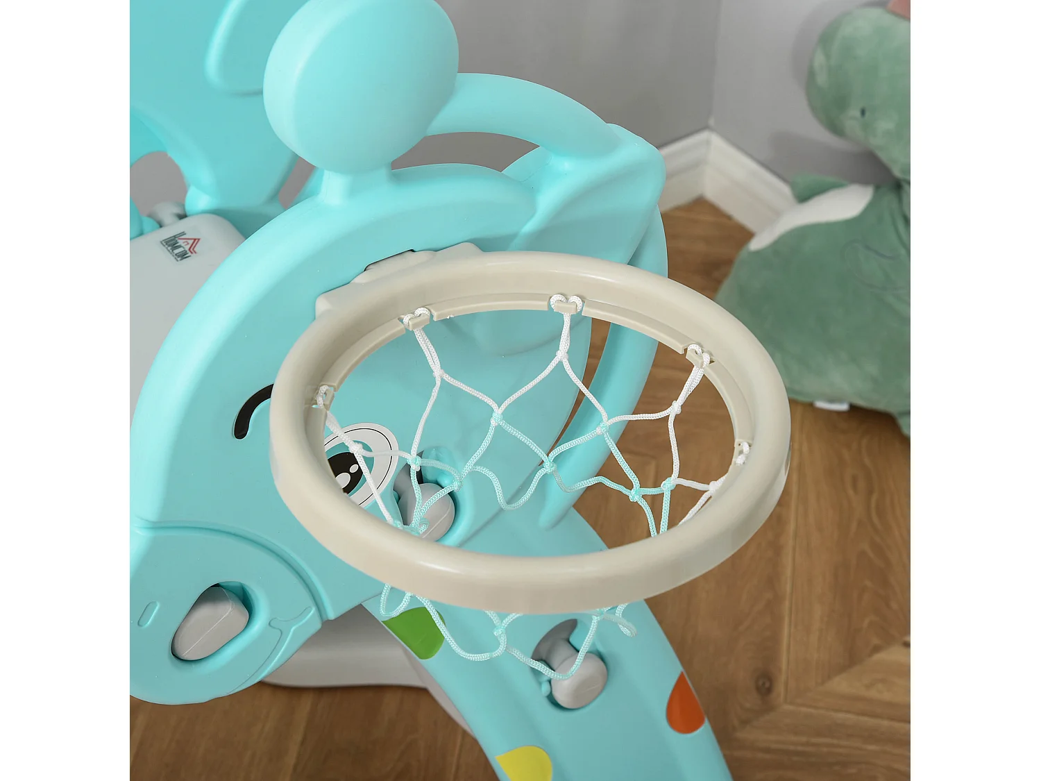 Toboggan enfant avec panier de basket-ball usage intérieur et extérieur dim. 140 x 87 x 75 cm bleu et gris