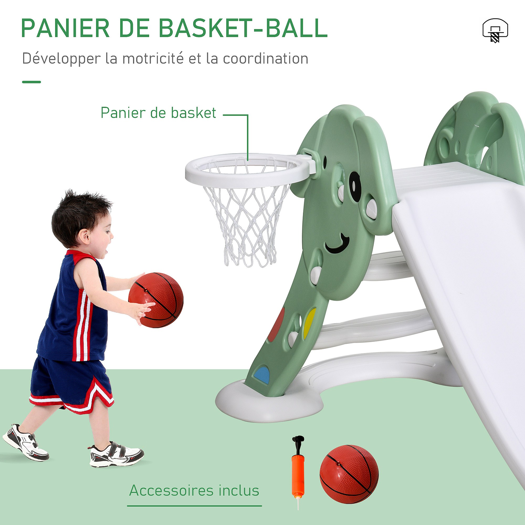 Toboggan Enfant Avec Panier De Basket – 108 Cm De Long, Marches Antidérapantes, Base Stable, Couleurs Vives Bleu Et Rouge