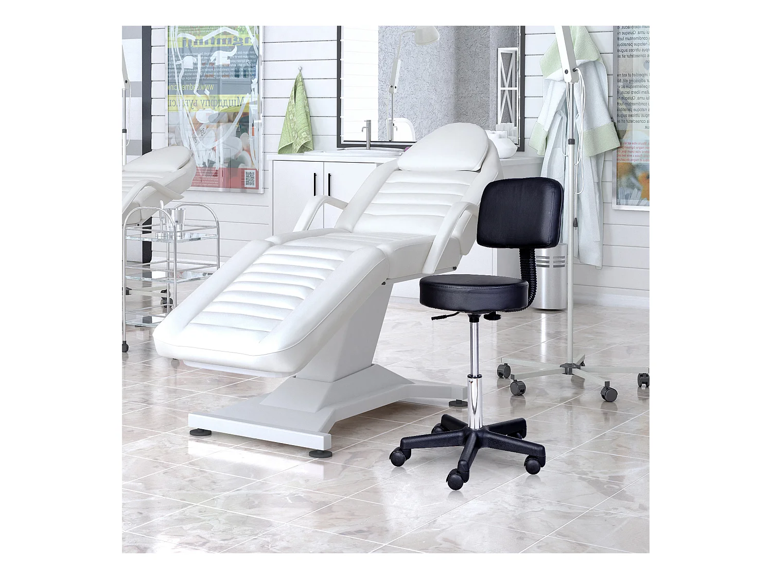 Tabouret massage à roulettes réglable en hauteur pivotant avec dossier ergonomique noir