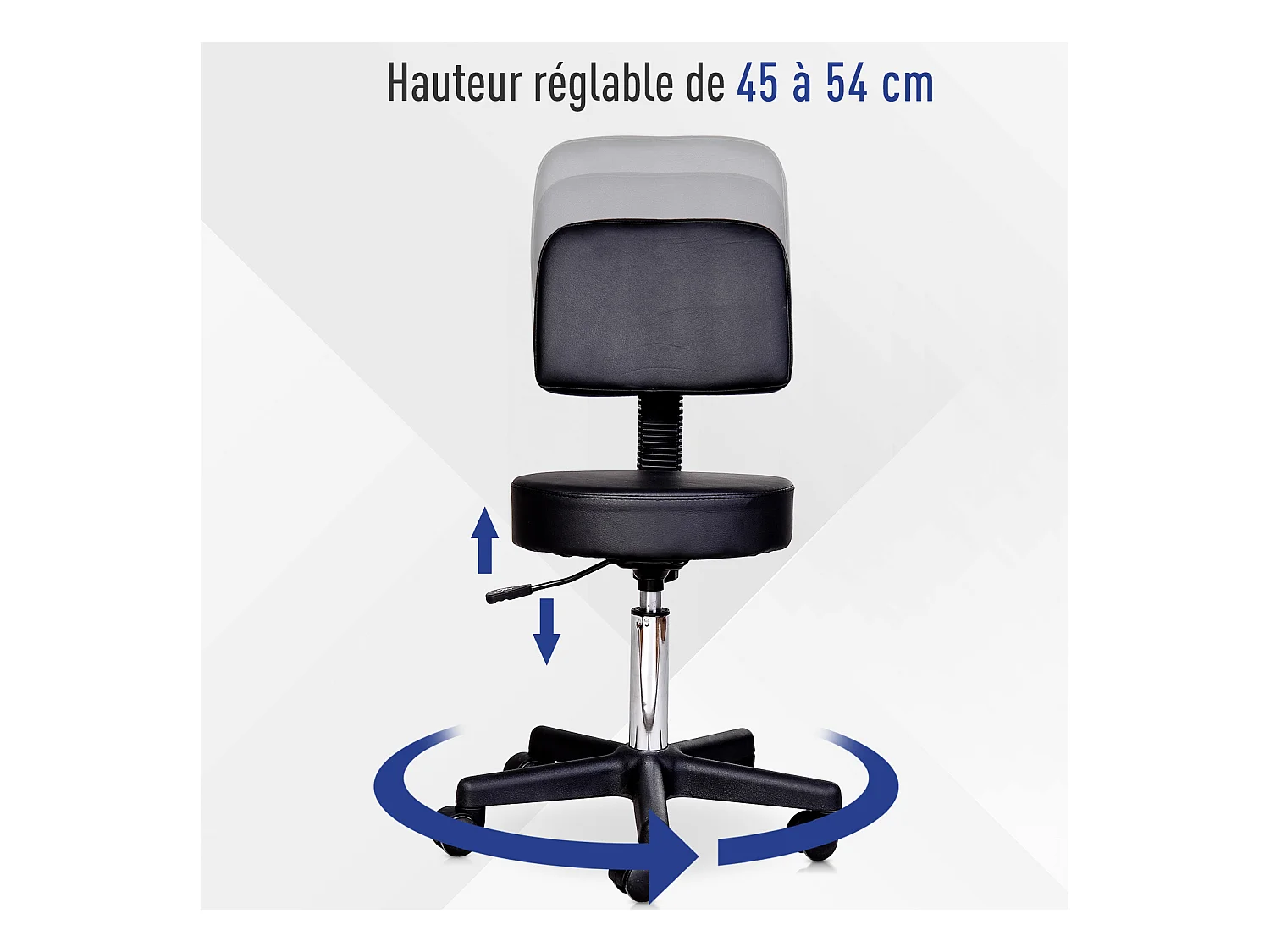 Tabouret massage à roulettes réglable en hauteur pivotant avec dossier ergonomique noir