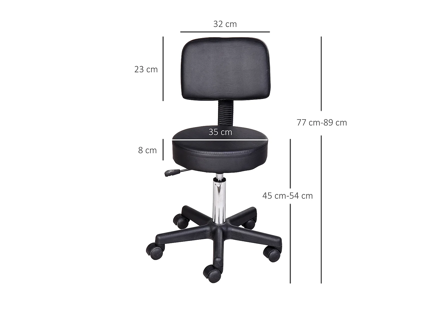 Tabouret massage à roulettes réglable en hauteur pivotant avec dossier ergonomique noir