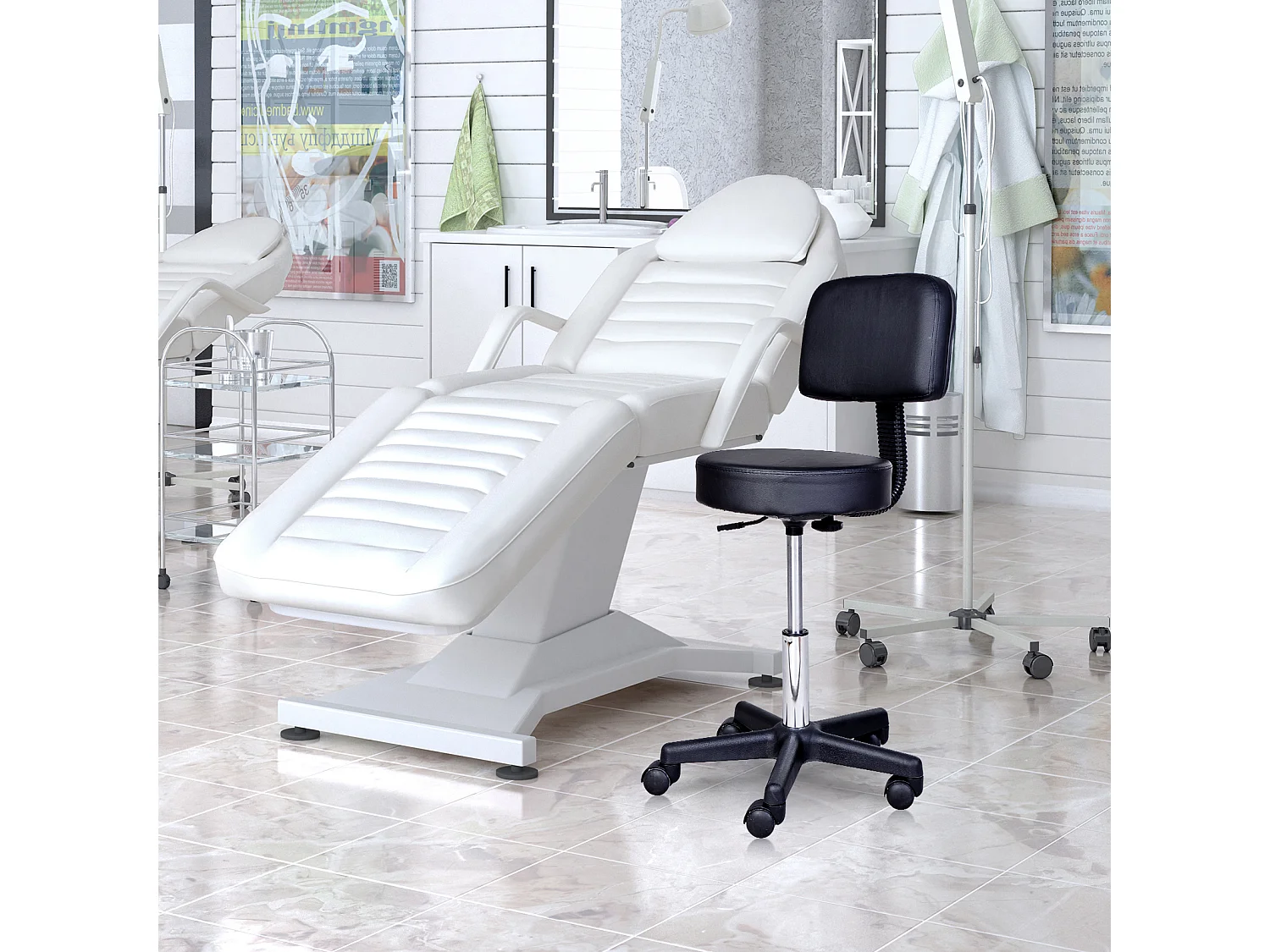 Tabouret massage à roulettes réglable en hauteur pivotant avec dossier ergonomique noir