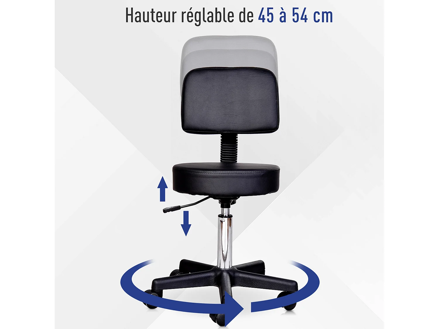 Tabouret massage à roulettes réglable en hauteur pivotant avec dossier ergonomique noir