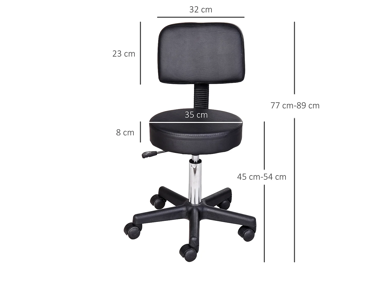 Tabouret massage à roulettes réglable en hauteur pivotant avec dossier ergonomique noir