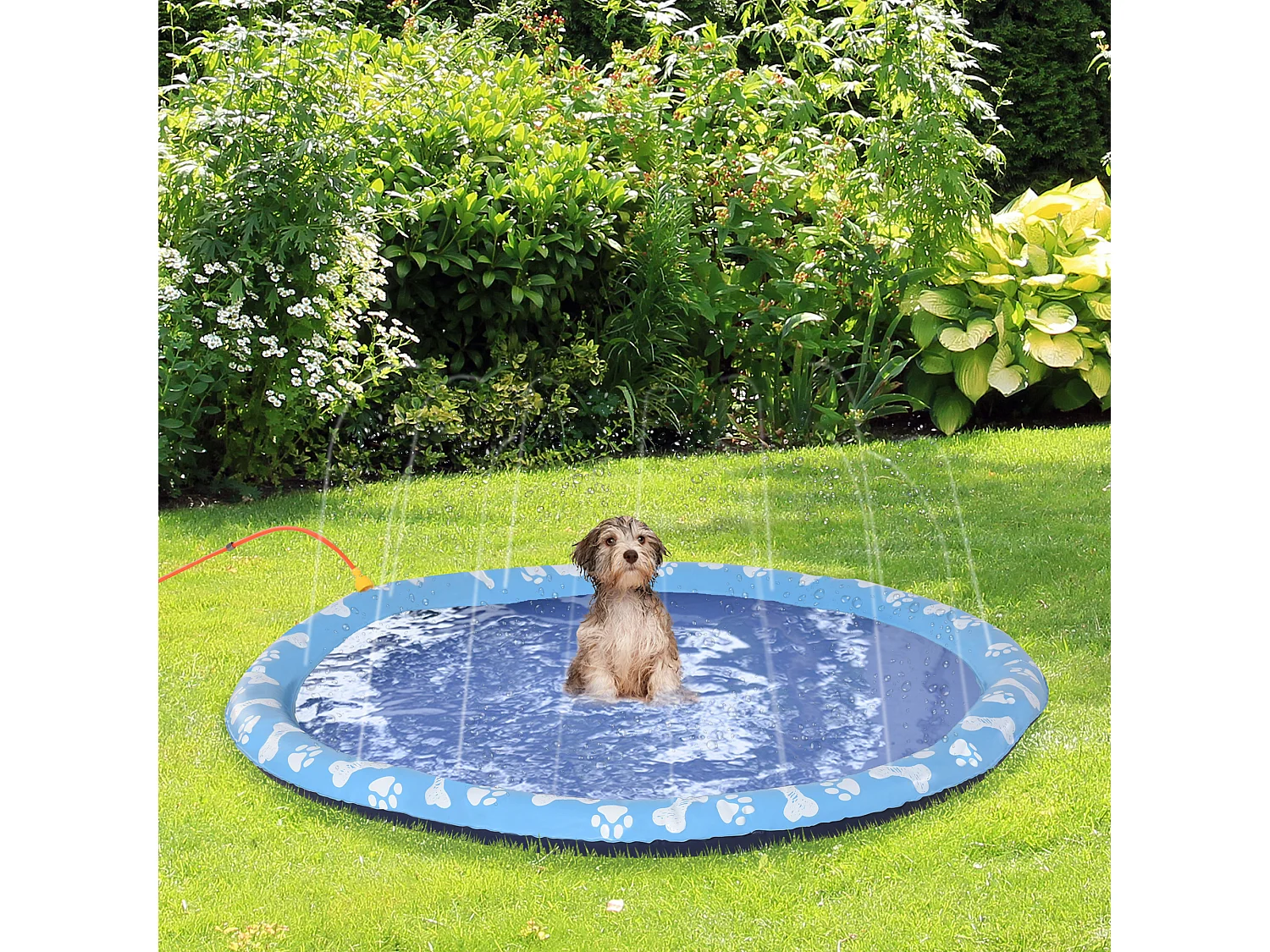 Piscine tapis à jet d'eau pour chien - Ø 1,5 m - pliable, facile à transporter - PVC bleu motifs os pattes
