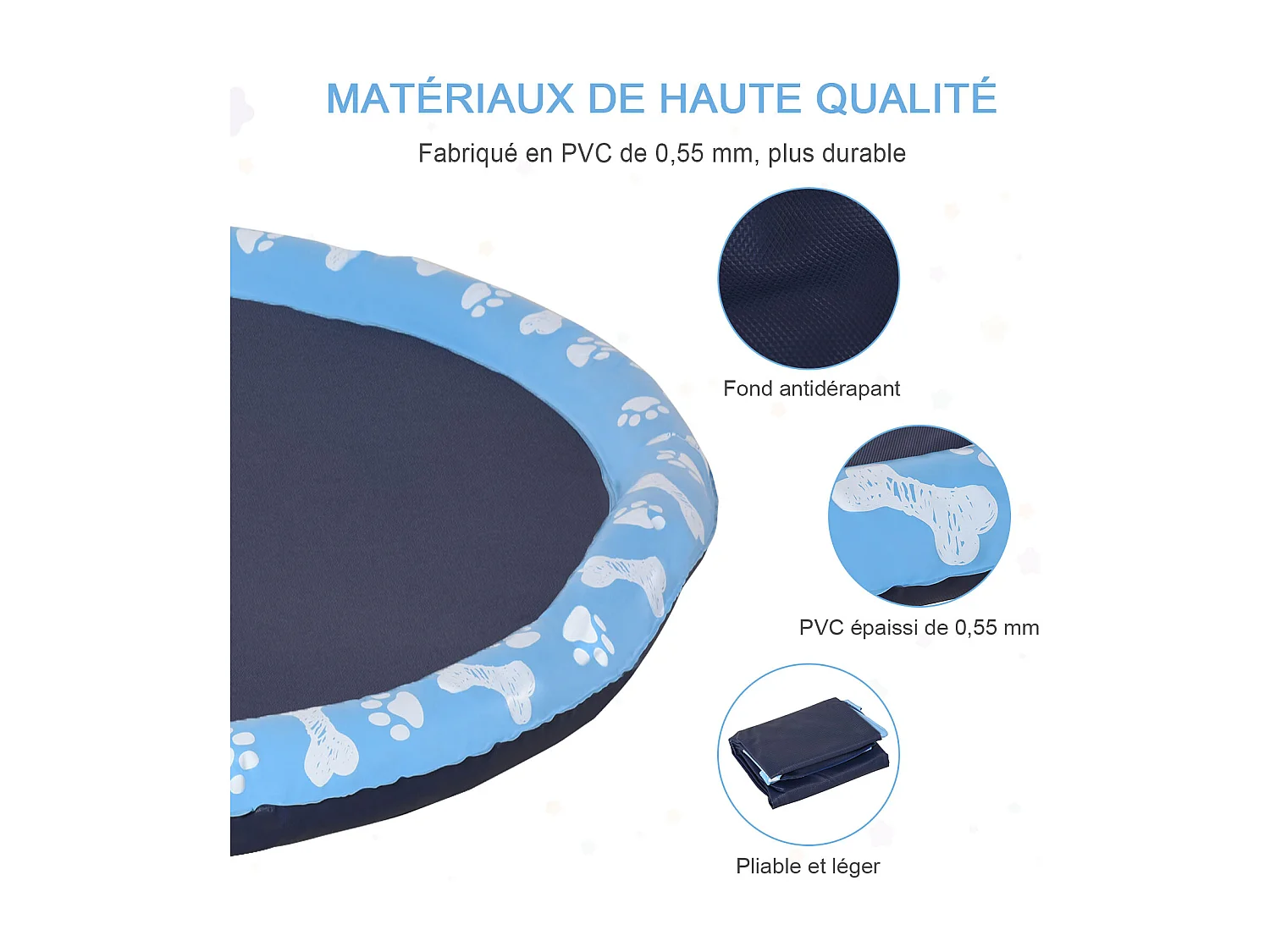 Piscine tapis à jet d'eau pour chien - Ø 1,5 m - pliable, facile à transporter - PVC bleu motifs os pattes