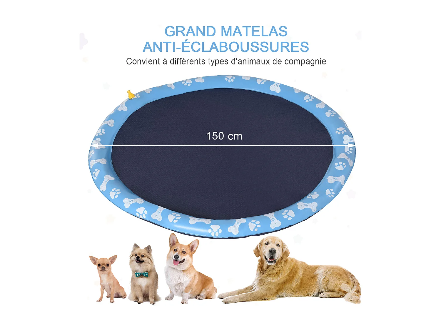Piscine tapis à jet d'eau pour chien - Ø 1,5 m - pliable, facile à transporter - PVC bleu motifs os pattes