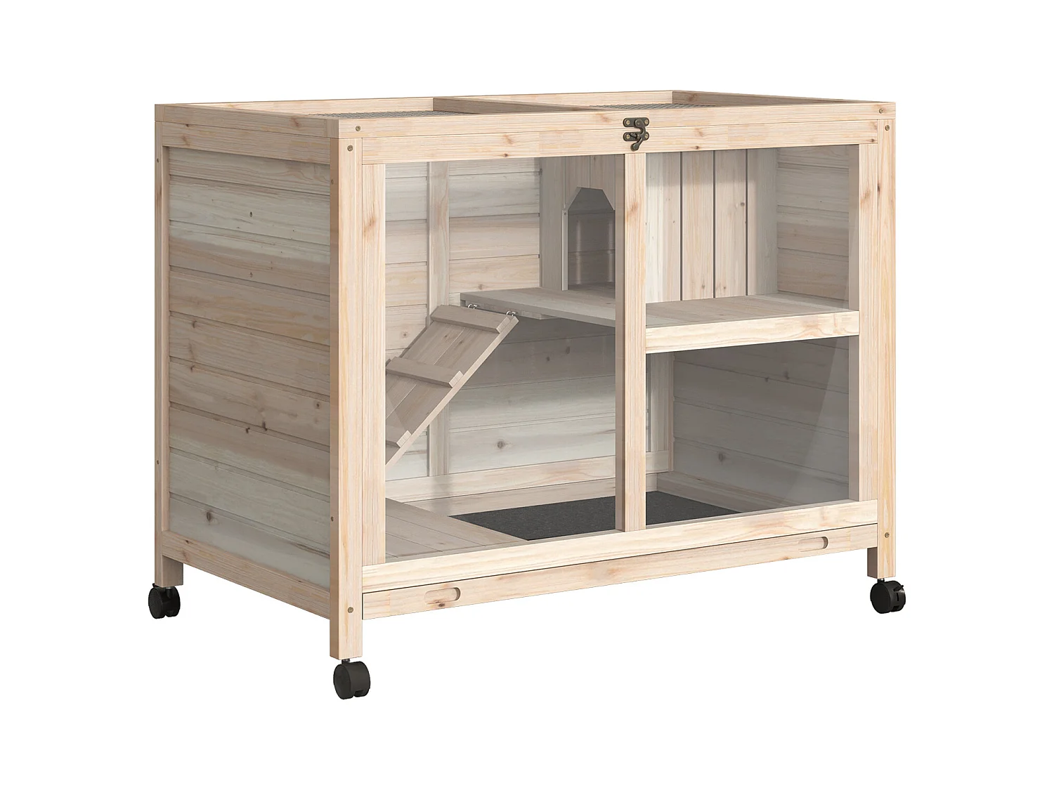 Clapier à lapin sur roulettes cage à lapin 2 niveaux toit ouvrant verrouillable plateau déjection coulissant rampe niche bois de sapin