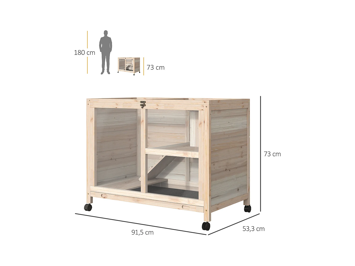 Clapier à lapin sur roulettes cage à lapin 2 niveaux toit ouvrant verrouillable plateau déjection coulissant rampe niche bois de sapin