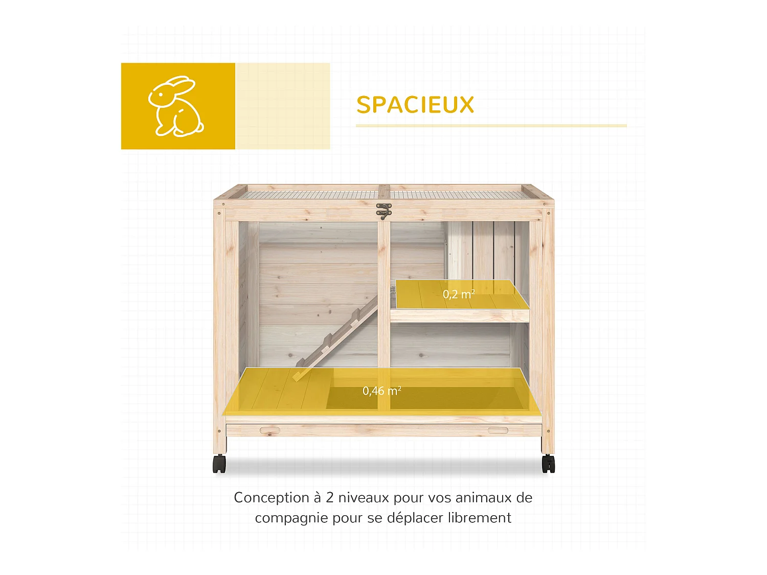 Clapier à lapin sur roulettes cage à lapin 2 niveaux toit ouvrant verrouillable plateau déjection coulissant rampe niche bois de sapin