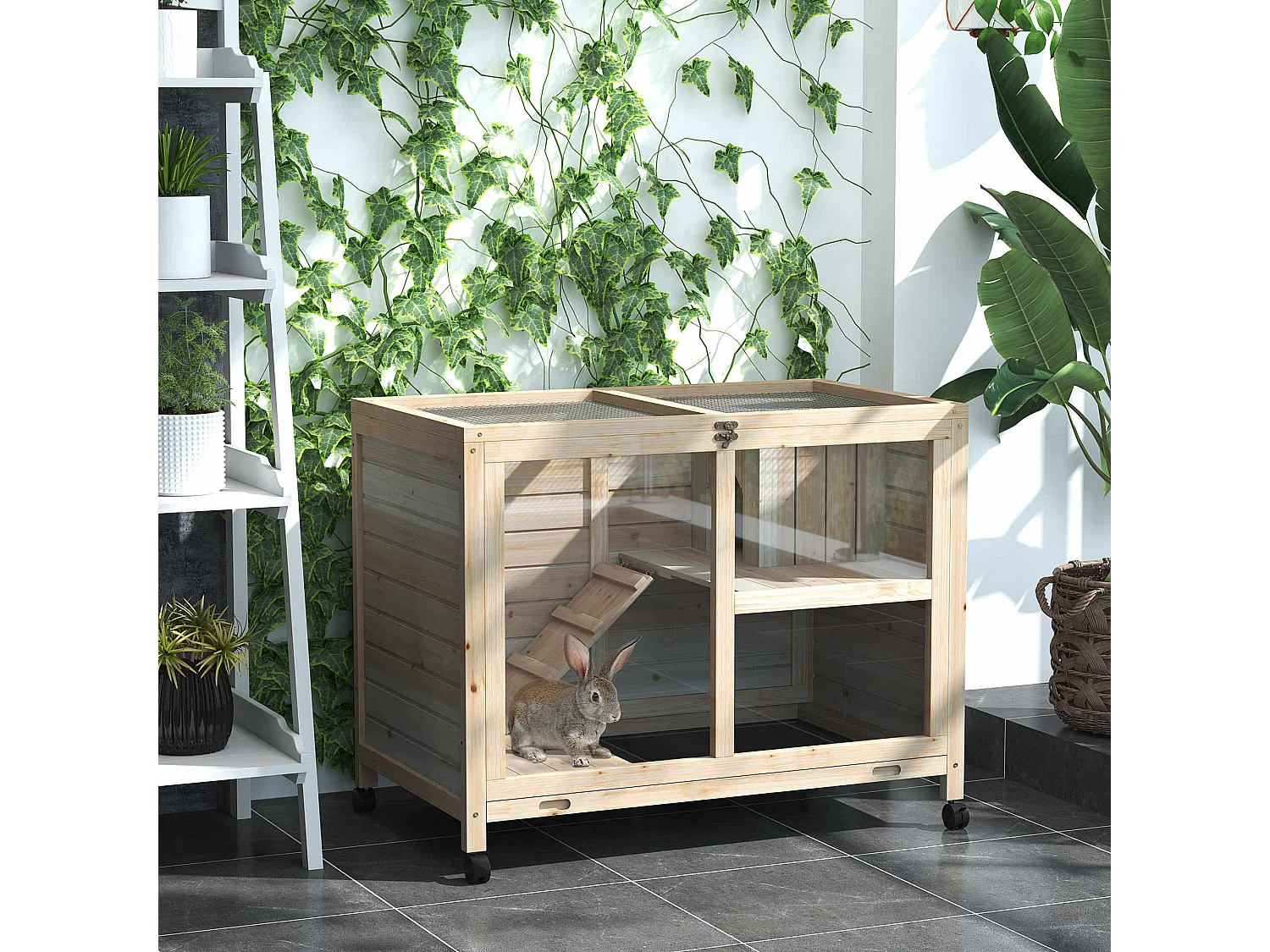 Clapier à lapin sur roulettes cage à lapin 2 niveaux toit ouvrant verrouillable plateau déjection coulissant rampe niche bois de sapin