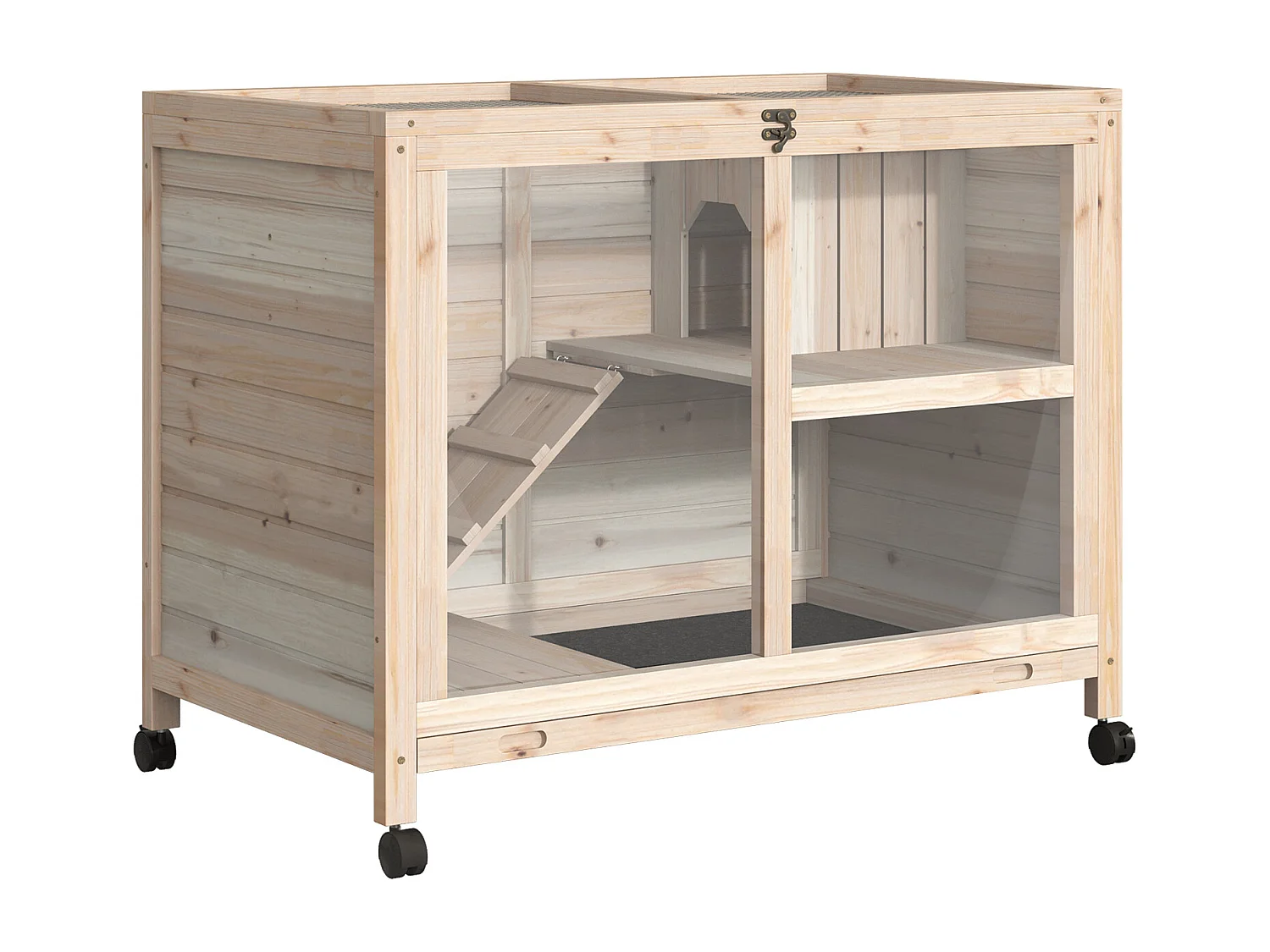 Clapier à lapin sur roulettes cage à lapin 2 niveaux toit ouvrant verrouillable plateau déjection coulissant rampe niche bois de sapin