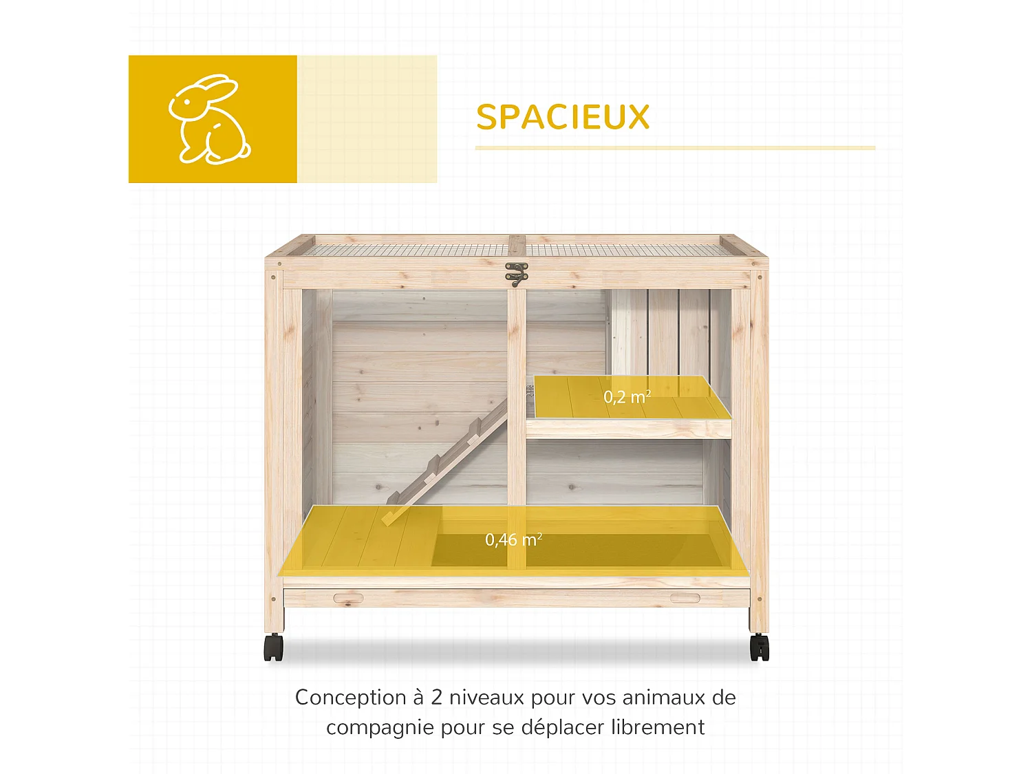Clapier à lapin sur roulettes cage à lapin 2 niveaux toit ouvrant verrouillable plateau déjection coulissant rampe niche bois de sapin