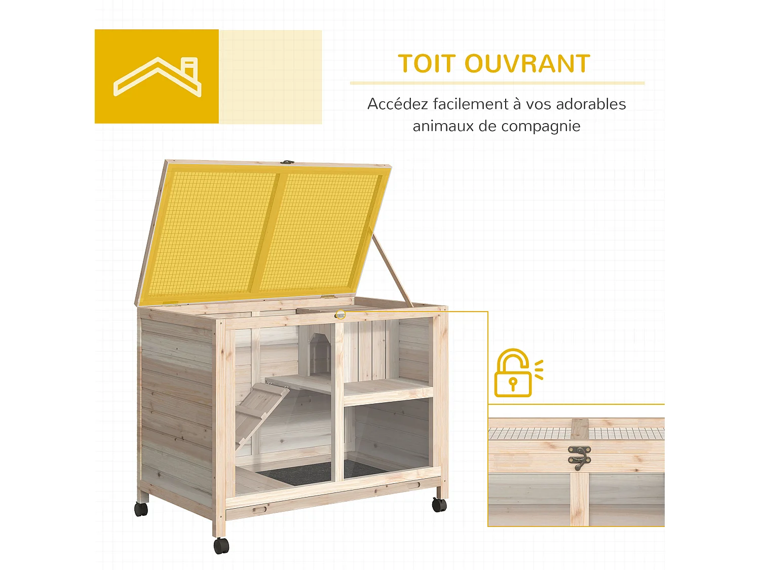 Clapier à lapin sur roulettes cage à lapin 2 niveaux toit ouvrant verrouillable plateau déjection coulissant rampe niche bois de sapin