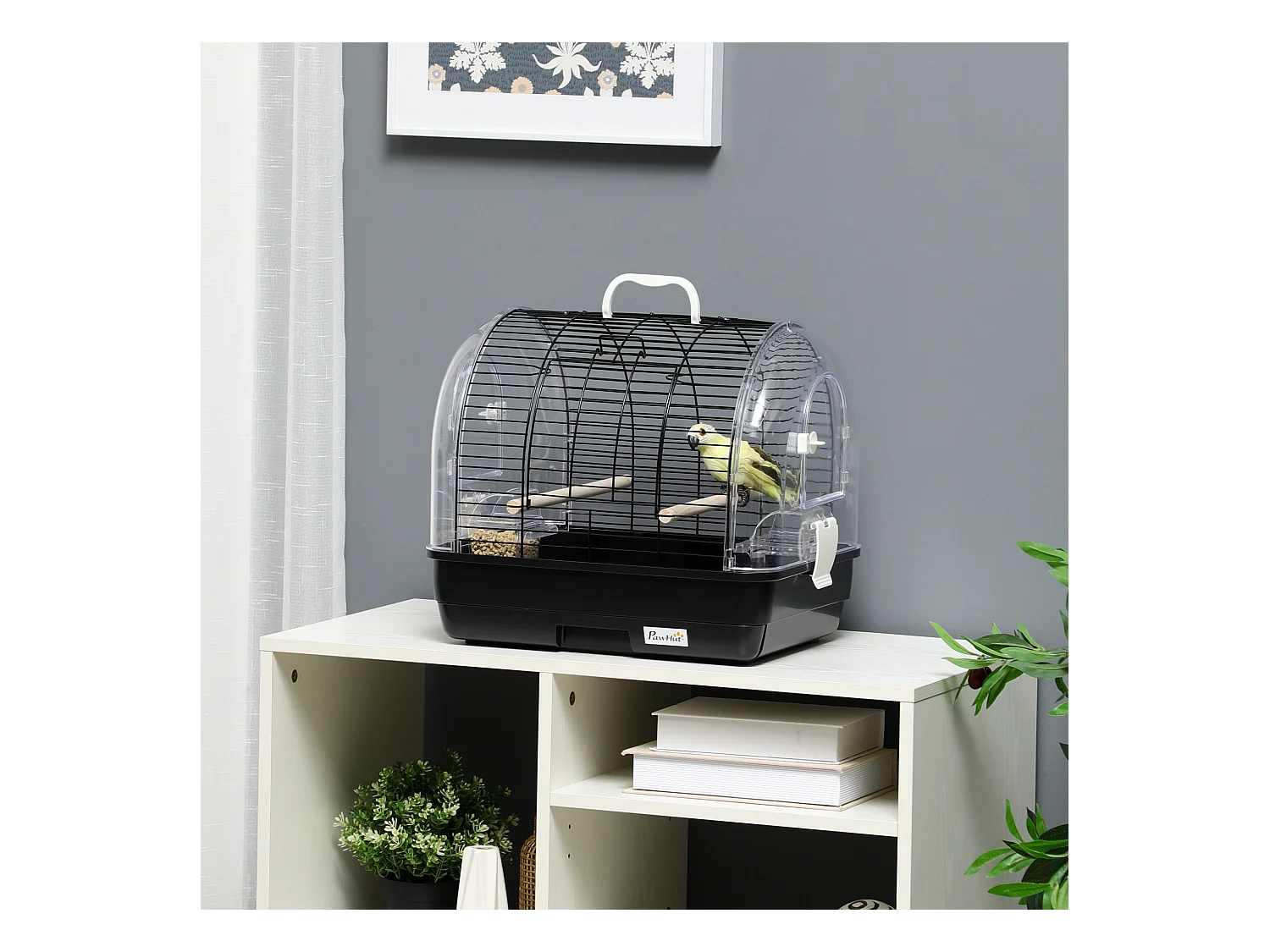 Cage à oiseaux portable 2 mangeoires 2 perchoirs 3 portes plateau excrément amovible poignée transport métal PS noir