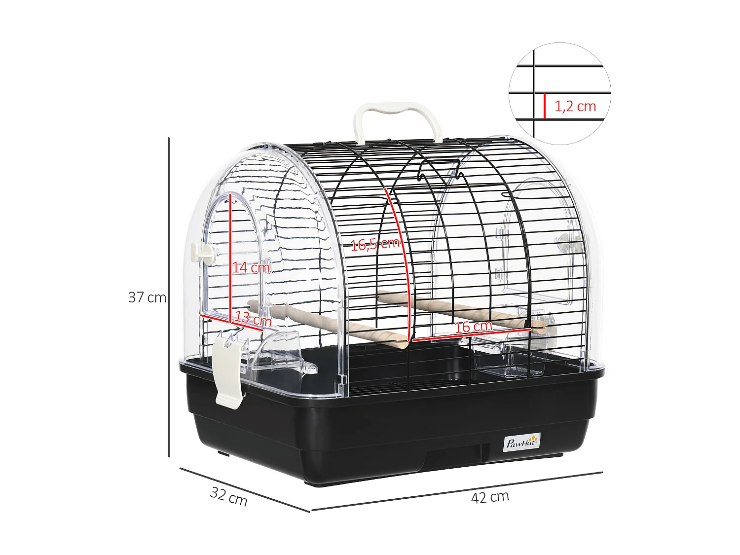 Cage à oiseaux portable 2 mangeoires 2 perchoirs 3 portes plateau excrément amovible poignée transport métal PS noir