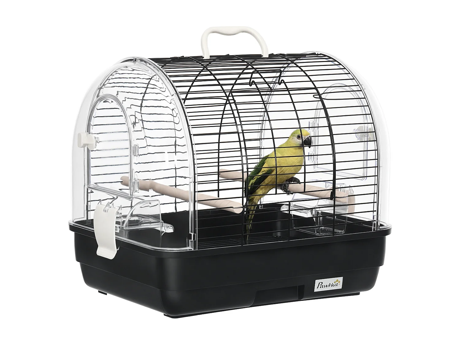 Cage à oiseaux portable 2 mangeoires 2 perchoirs 3 portes plateau excrément amovible poignée transport métal PS noir