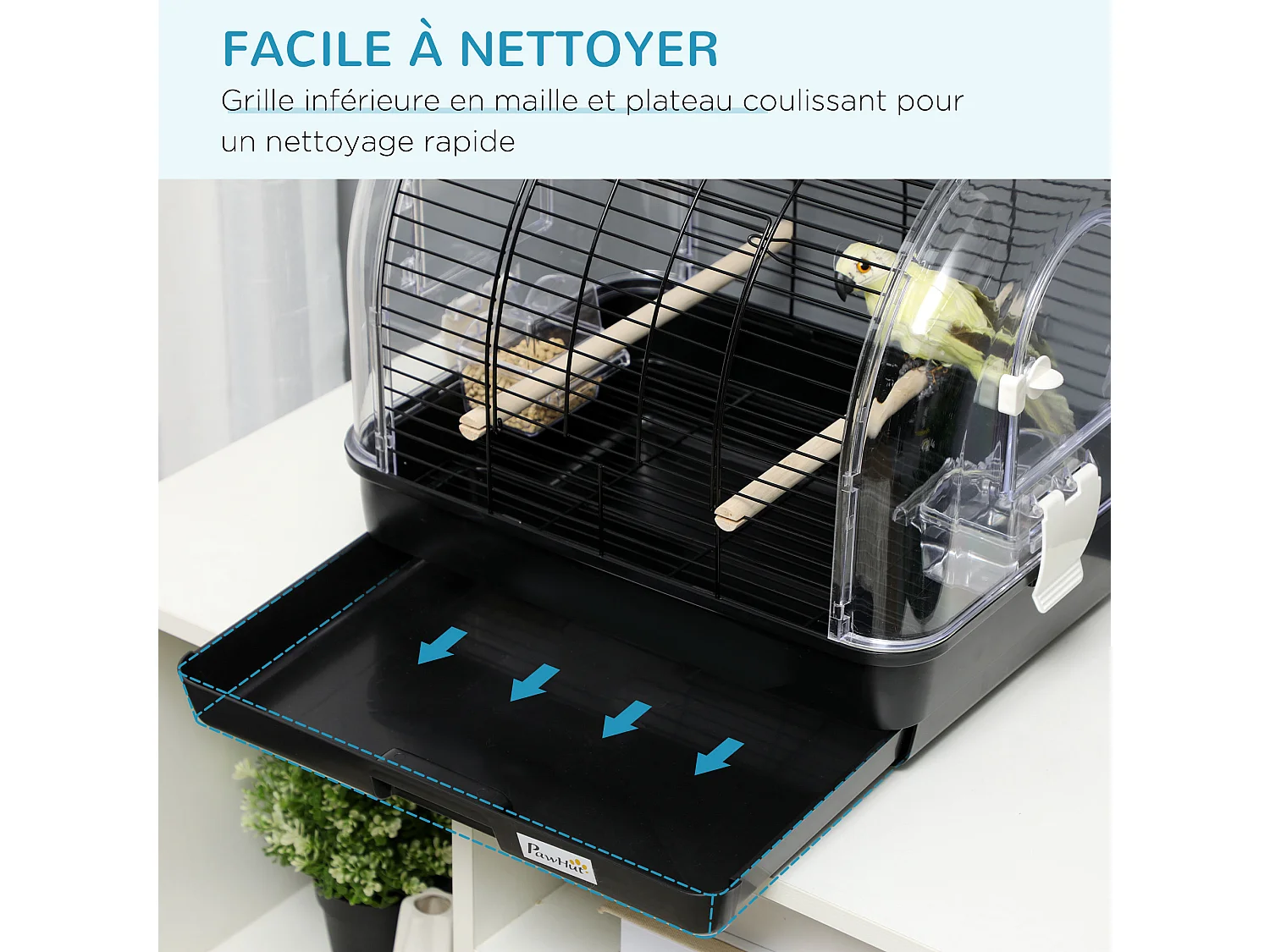 Cage à oiseaux portable 2 mangeoires 2 perchoirs 3 portes plateau excrément amovible poignée transport métal PS noir