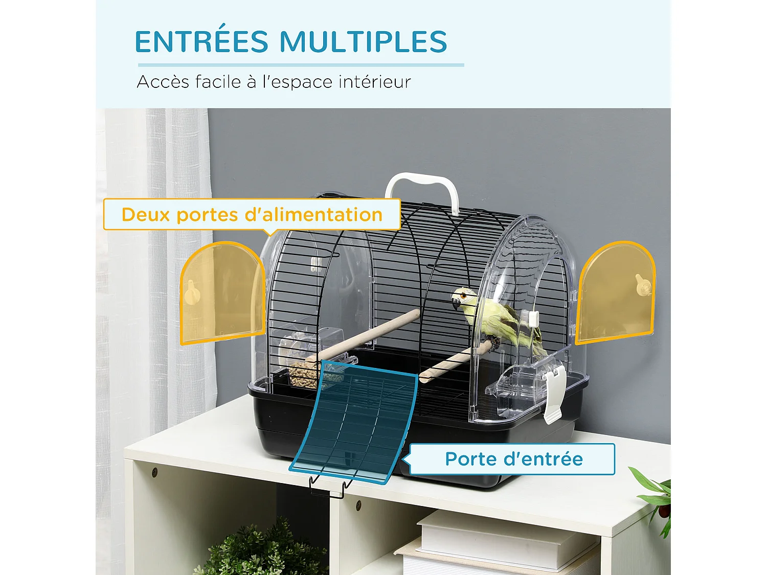 Cage à oiseaux portable 2 mangeoires 2 perchoirs 3 portes plateau excrément amovible poignée transport métal PS noir