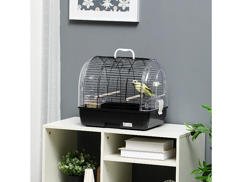 Cage à oiseaux portable 2 mangeoires 2 perchoirs 3 portes plateau excrément amovible poignée transport métal PS noir