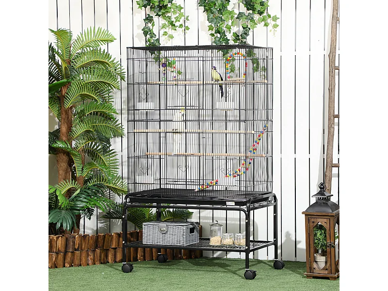Cage à oiseaux sur roulettes - étagère, plateau déjection, 3 perchoirs, 4 mangeoirs, 2 portes, 8 trappes, accessoires - acier noir