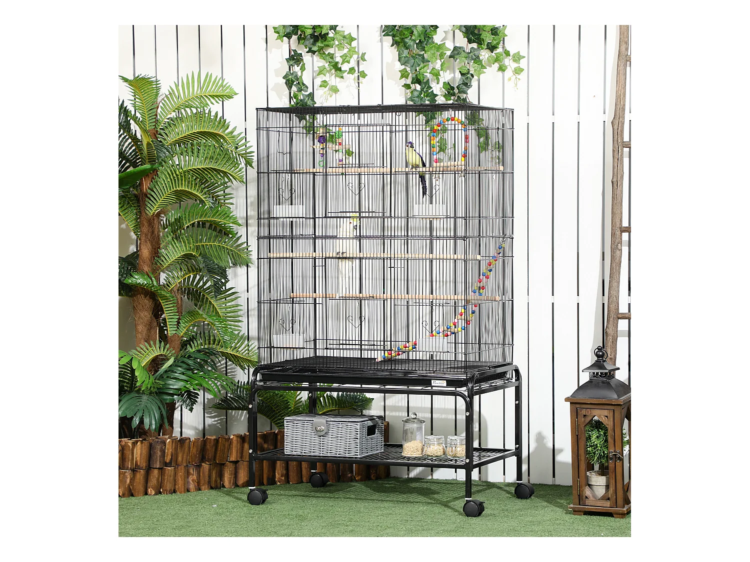 Cage à oiseaux sur roulettes - étagère, plateau déjection, 3 perchoirs, 4 mangeoirs, 2 portes, 8 trappes, accessoires - acier noir